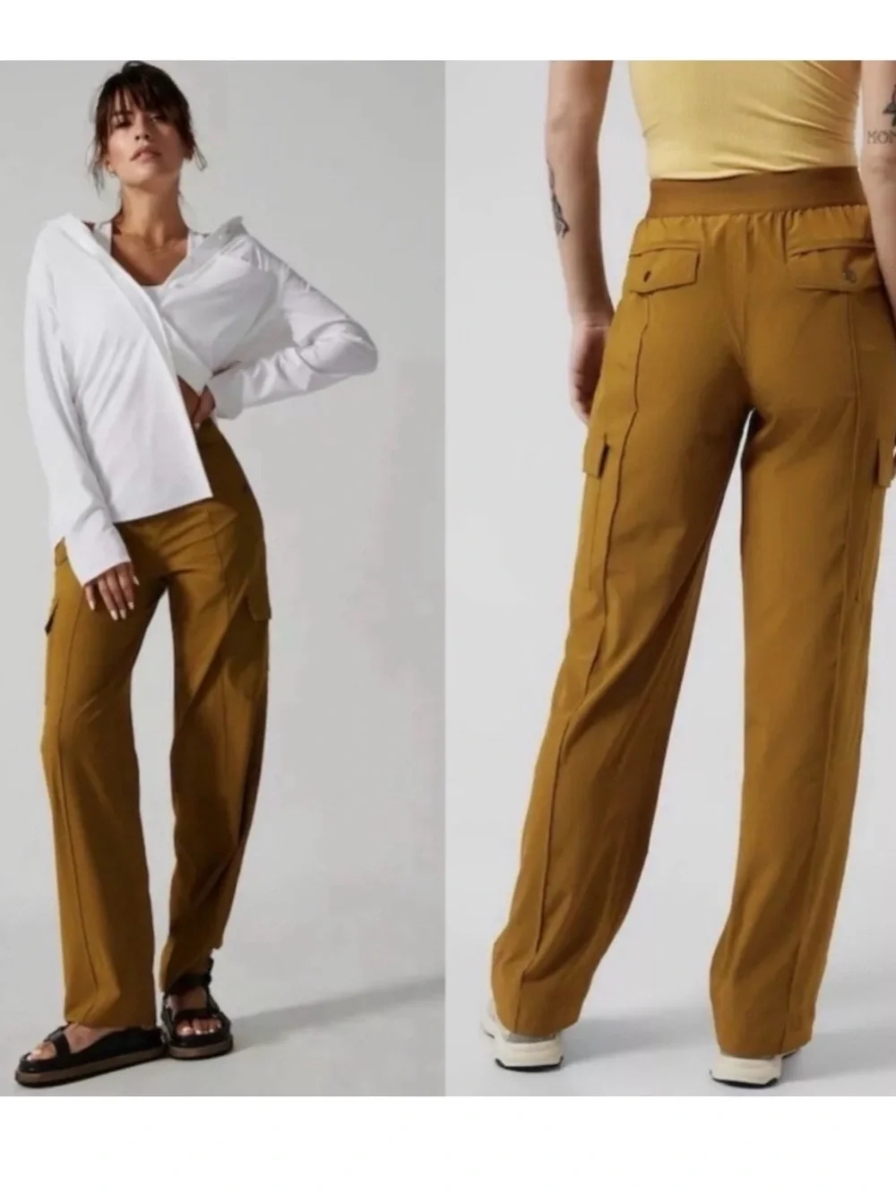 Athleta NWT Vienna Cargo PANTS Yellow Gold High Rise Straight-Leg Trousers Sz 10